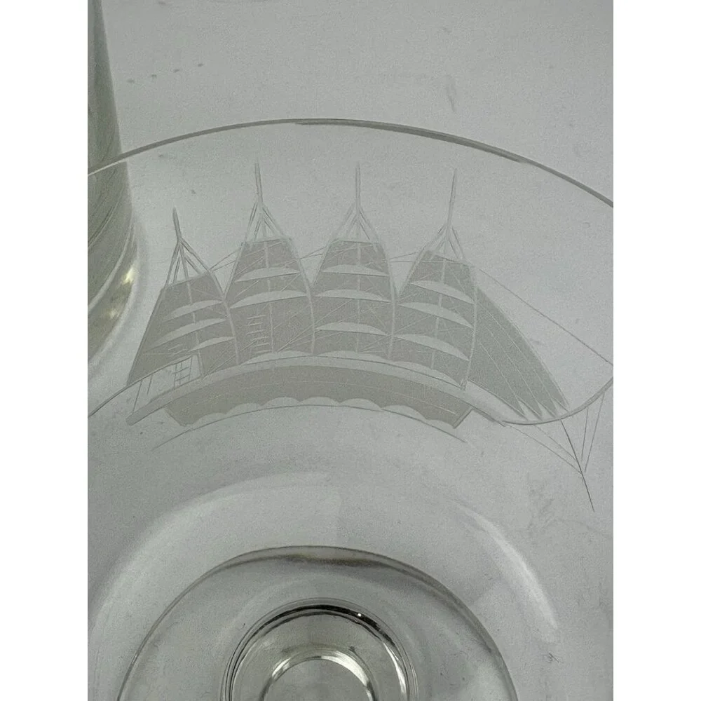 Vintage Etched Glass Decantur & 5 Glasses Clipper Ship Nautical Bar Barware